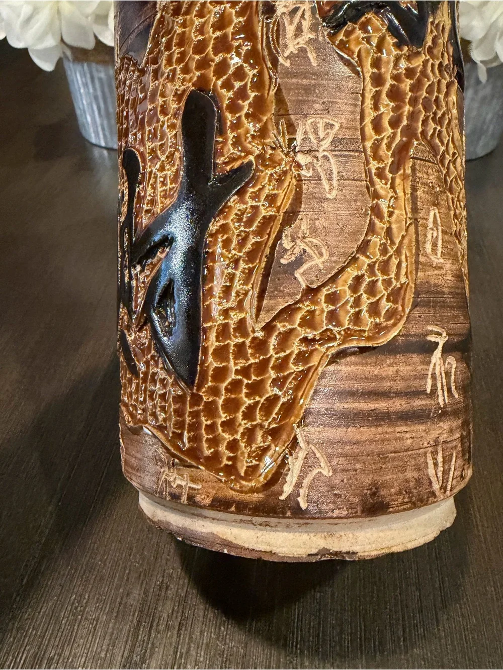 Vintage Hand Carved Chinese Clay Dragon Vase Tang Dynasty Poem Relief Potter